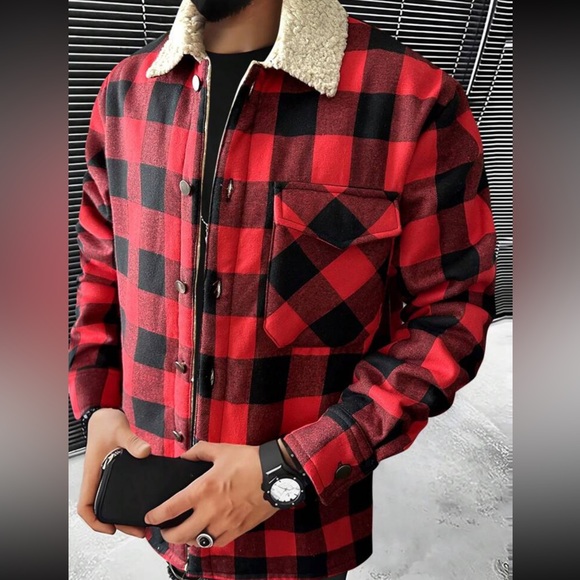 Other - Buffalo Plaid Print Borg Collar Flap Pocket Jacket